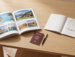 Reisekatalog und Buchungsportal auf dem Notebook im direkten Vergleich