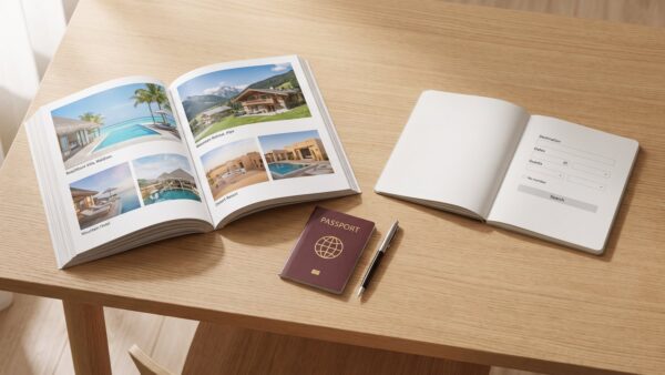 Reisekatalog und Buchungsportal auf dem Notebook im direkten Vergleich