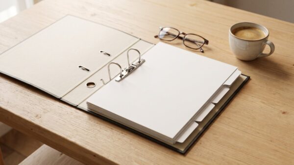 rente mit 63 abschaffung bild 1 Geöffneter Aktenordner mit leeren Blättern, Lesebrille und Kaffeetasse auf Holztisch