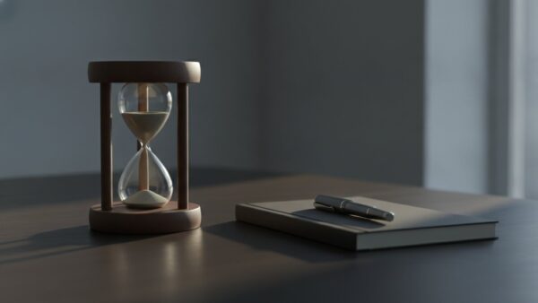 rente mit 63 abschaffung bild 2 Sanduhr neben zugeklapptem Notizbuch und FĂĽllfederhalter auf dunklem Schreibtisch
