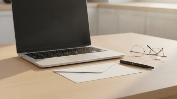 rente mit 63 abschaffung bild 4 Laptop mit leerem Bildschirm, weiĂźer Briefumschlag, Kugelschreiber und Brille am KĂĽchentisch