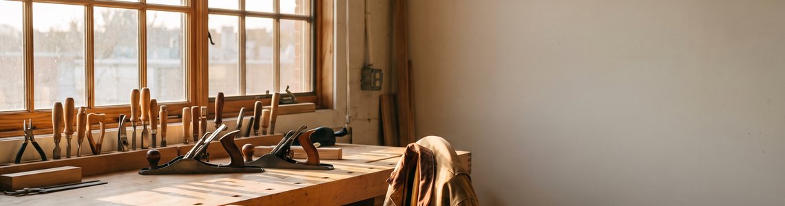 Aufgeräumte Werkbank mit abgelegtem Handwerkzeug und Arbeitsjacke im Abendlicht