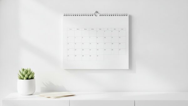 rentenerhoehung 2027 bild 2 Leerer Wandkalender über einem Sideboard mit Briefen und Topfpflanze