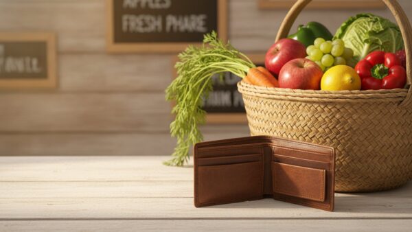 rentenerhoehung 2027 bild 4 Offenes Lederportemonnaie neben einem Einkaufskorb mit Obst und Gemüse