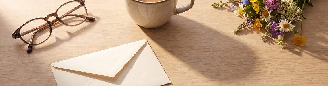 Lesebrille, Briefumschlag und Kaffeetasse auf hellem Holztisch im Morgenlicht