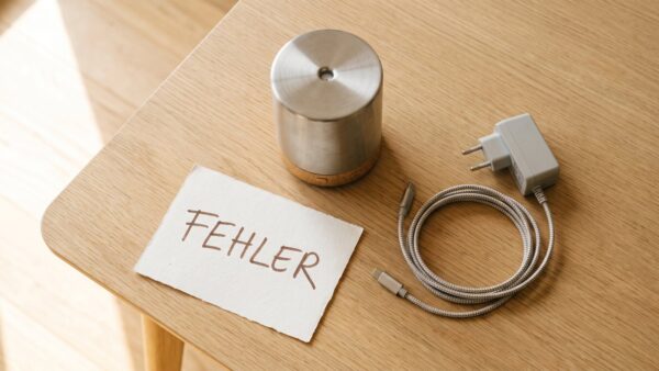 Gerät mit Netzteil, Kabel und Notiz zum Fehler vorbereitet
