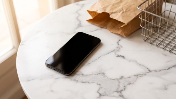 rewe bonus bild 1 Smartphone mit schwarzem Bildschirm neben Papiertuete und Einkaufskorb