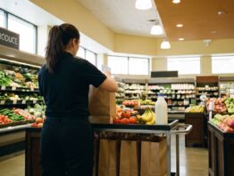 Supermarkt-Mitarbeiterin packt Obst und Milch für eine Lieferbestellung in eine Papiertüte