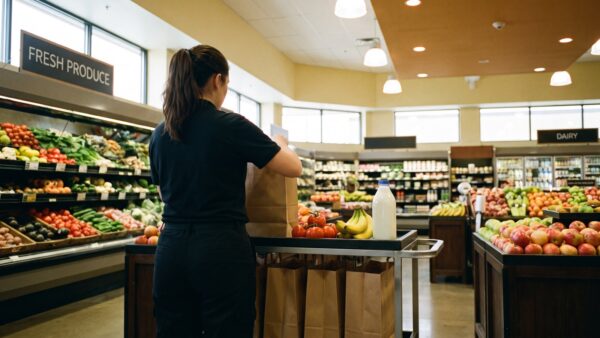 rewe sofort lieferung bild 1 Supermarkt-Mitarbeiterin packt Obst und Milch für eine Lieferbestellung in eine Papiertüte