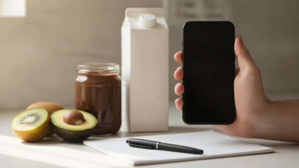rewe sofort lieferung bild 3 Smartphone über Avocado, Kiwis und Milch auf einem Küchentresen beim Preisvergleich
