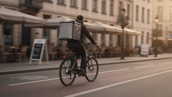 rewe sofort lieferung bild 4 Lieferkurier auf einem E-Bike mit Transportrucksack in einer Innenstadtstraße
