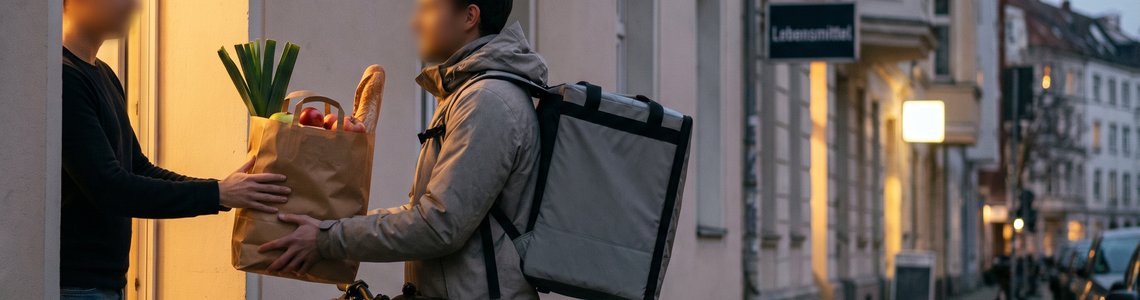 Fahrradkurier bringt am Abend eine Papiertüte mit Lebensmitteln an eine Haustür