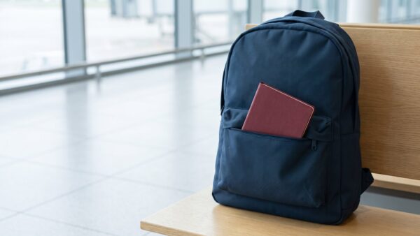 rfid schutz bild 1 Geschlossener Rucksack auf einer Bank in einer Wartehalle, aus der Vordertasche schaut ein Reisepass