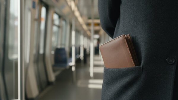 rfid schutz bild 2 Brieftasche ragt aus der Jackentasche, im Hintergrund unscharf das Innere einer Stadtbahn