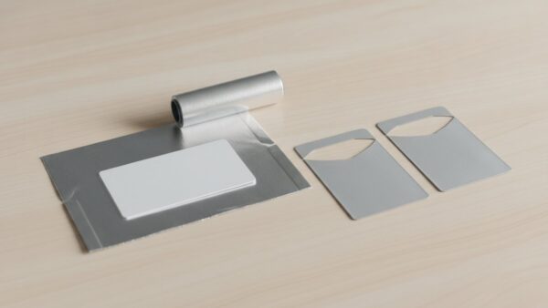 rfid schutz bild 3 Unbedruckte Karte auf halb gefalteter Alufolie, daneben zwei silberne Kartenhüllen