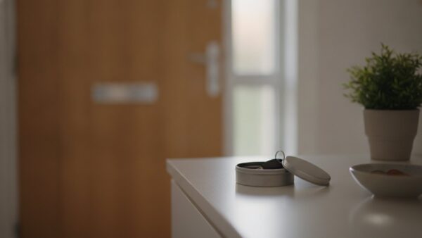 rfid schutz bild 4 Funkschlüssel in einer offenen Blechdose auf einer Kommode im Hausflur