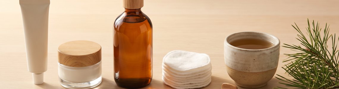 Schlichte Pflegeprodukte und Tannenzweig auf hellem Holz
