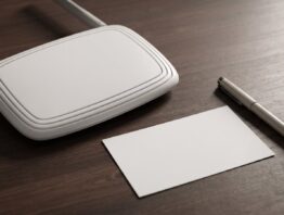 Umgedrehter Router neben einer leeren Karteikarte und einem Stift auf einem Holztisch