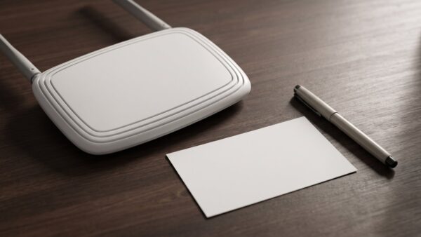 router absichern bild 1 Umgedrehter Router neben einer leeren Karteikarte und einem Stift auf einem Holztisch