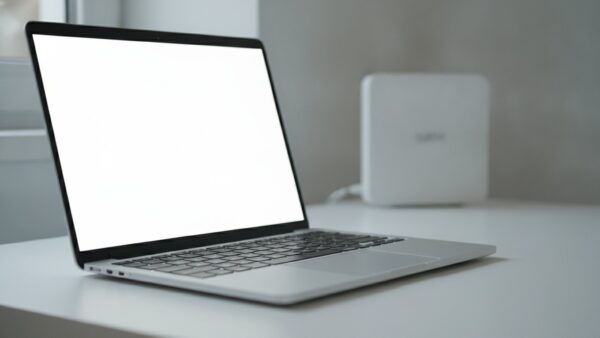 router absichern bild 2 Aufgeklappter Laptop mit leerem Bildschirm vor einem unscharfen WLAN-Router auf dem Schreibtisch