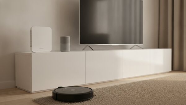 router absichern bild 4 Wohnzimmer mit Router, Lautsprecher, Saugroboter und ausgeschaltetem Fernseher