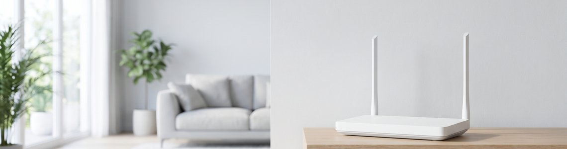 Schlanker weißer WLAN-Router auf einem Sideboard in einem hellen Wohnzimmer