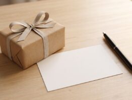 Verpacktes Geschenk mit Leinenschleife neben einer unbedruckten Karte und einem Kugelschreiber