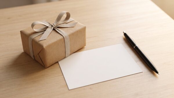 sachbezug bild 1 Verpacktes Geschenk mit Leinenschleife neben einer unbedruckten Karte und einem Kugelschreiber