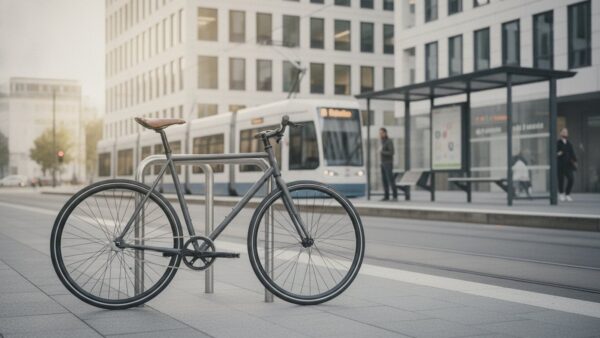 sachbezug bild 4 Pendlerfahrrad vor einem BĂŒrogebĂ€ude, im Hintergrund eine StraĂenbahnhaltestelle