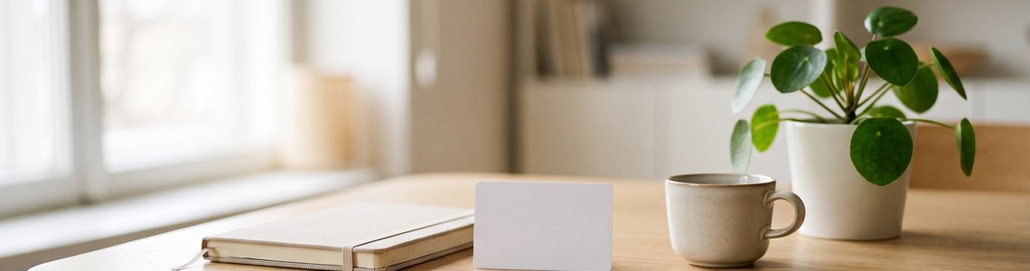 Heller Büro-Schreibtisch mit einer unbedruckten weißen Karte, Notizbuch, Kaffeetasse und Grünpflanze