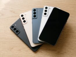 Vier moderne Smartphones in aufsteigender Größe fächerförmig auf einem hellen Eichentisch