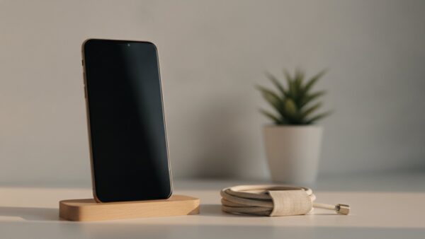 Smartphone mit dunklem Display in einer hellen Holz-Ladestation vor einer hellen Wand