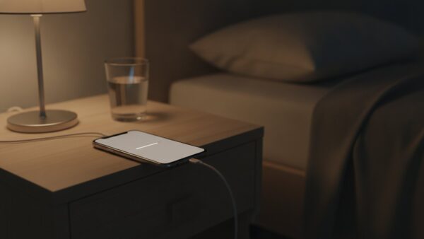Smartphone lädt nachts auf dem Nachttisch und installiert ein Update