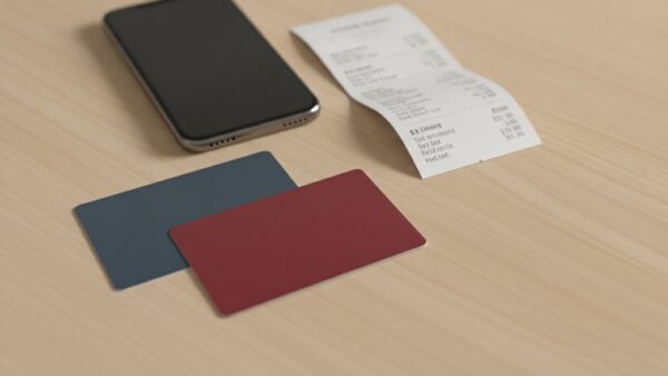 saturn wird mediamarkt bild 2 Zwei unbeschriftete Geschenkkarten neben Smartphone und Kassenbon auf einem Holztisch