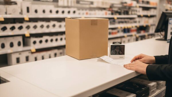 saturn wird mediamarkt bild 3 Kundin legt am Servicetresen eines Elektronikmarkts einen Kassenbon neben verpackte Geräte
