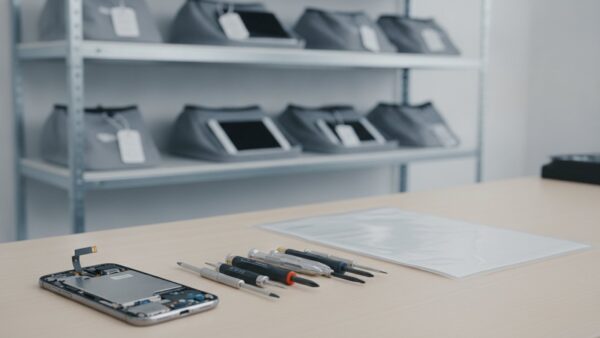 saturn wird mediamarkt bild 4 Geöffnetes Smartphone auf einer Reparaturwerkbank neben Werkzeug und Garantieunterlagen