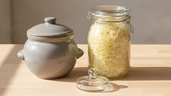 Steinzeug-Gärtopf und Bügelglas nebeneinander als Gefäße zum Sauerkraut selber machen