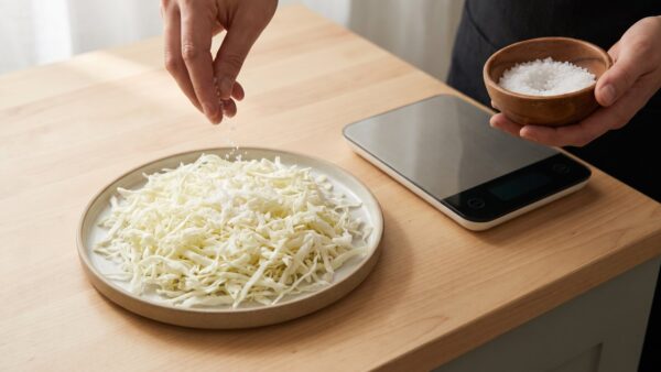 Fein gehobelter Weißkohl wird für Sauerkraut selber machen abgewogen und gesalzen