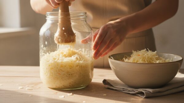 Gehobelter Weißkohl wird beim Sauerkraut selber machen im Glas gestampft