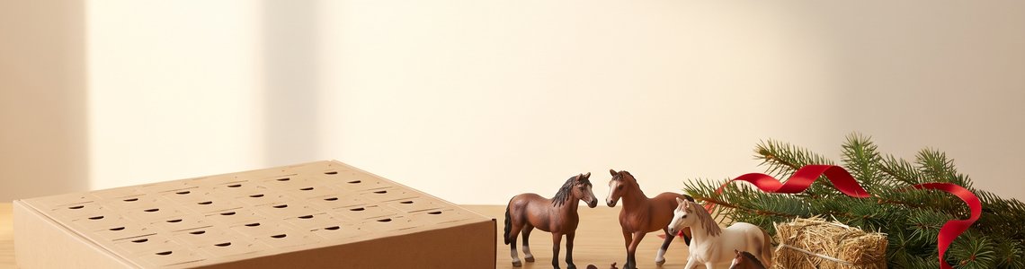 Schleich Adventskalender 2026 Header mit Pferdefiguren und Adventskalender-Schachtel
