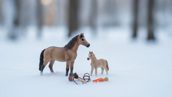 schleich adventskalender horse club Pferdefiguren mit Sattel, Trense und Heu vor winterlicher Kulisse – Schleich Horse Club Adventskalender 2026