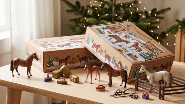 schleich adventskalender uebersicht Adventskalender mit Pferdefiguren und Zubehör auf einem Holztisch – Schleich Adventskalender 2026