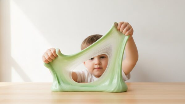 schleim selber machen flohsamen Kind zieht selbstgemachten grünen Schleim aus Flohsamenschalen in die Länge