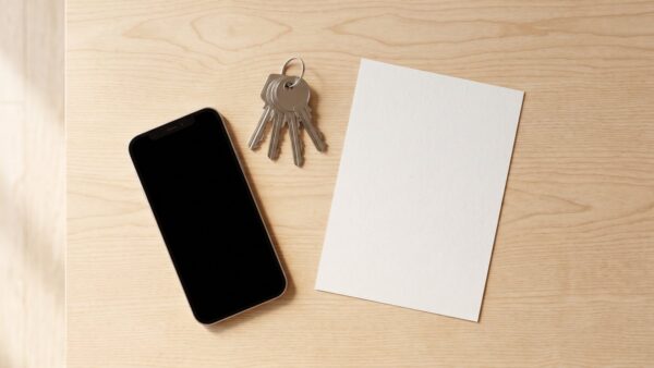 schluesseldienst kosten bild 2 Smartphone, SchlĂĽsselbund und leerer Notizzettel auf dem Tisch
