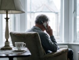 schockanruf bild 1 Ältere Person von hinten im Sessel am Fenster mit einem Telefonhörer am Ohr