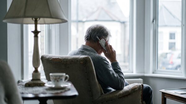 schockanruf bild 1 Ältere Person von hinten im Sessel am Fenster mit einem Telefonhörer am Ohr