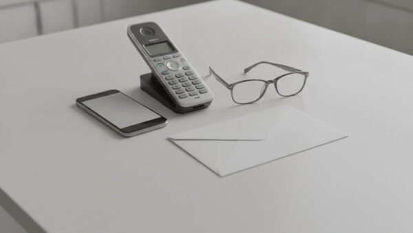 schockanruf bild 2 Umgedrehtes Smartphone, Festnetztelefon, Lesebrille und leerer Briefumschlag auf einem KĂĽchentisch