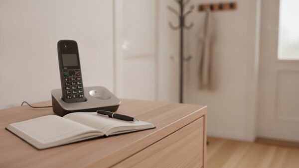 schockanruf bild 3 Aufgelegter Telefonhörer in der Ladeschale neben einem aufgeschlagenen, leeren Adressbuch
