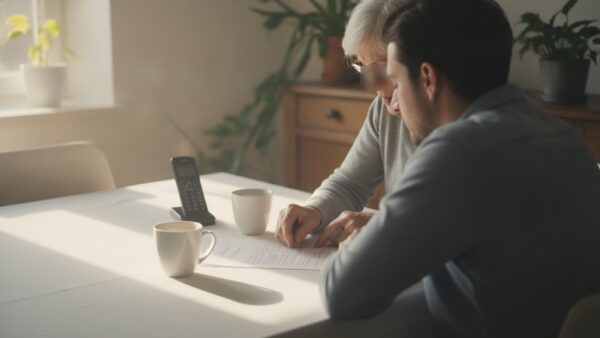 schockanruf bild 4 Ältere und jüngere Person am Esstisch beugen sich gemeinsam über einen Zettel neben einem Telefon