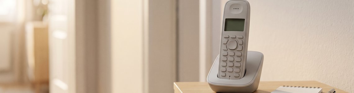 Schnurloses Festnetztelefon in der Ladeschale auf einer Flurkommode neben einem leeren Notizblock